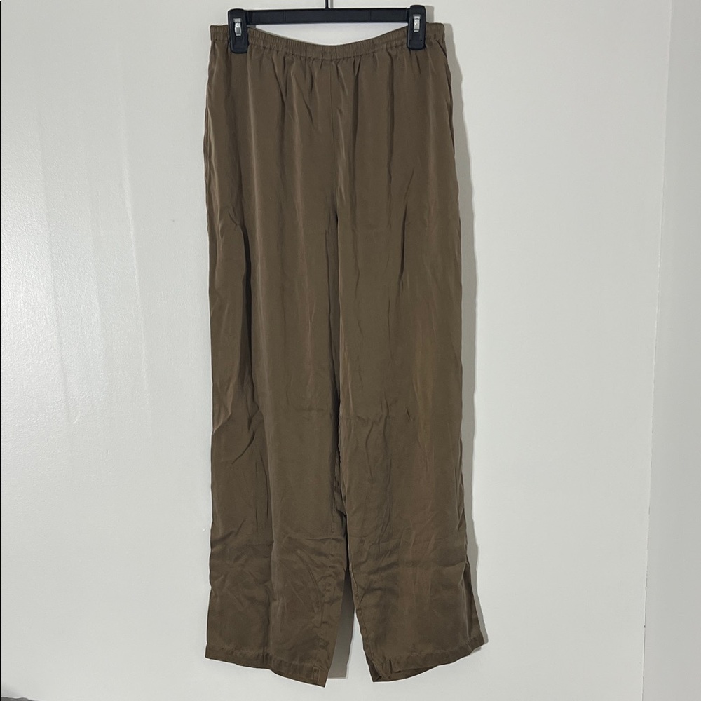 Eileen Fisher georgette crepe brown 100% silk light weight Wide-Leg Pants Sz‎ M
